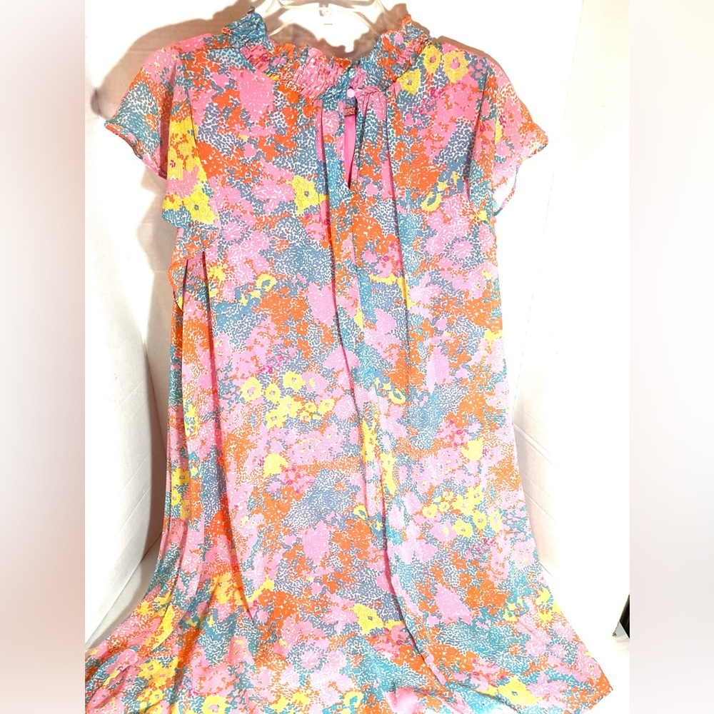 Umgee Floral Boho Shift Dress Size Large Pink Ruffle Neck Flowy Boutique - Picture 3 of 9